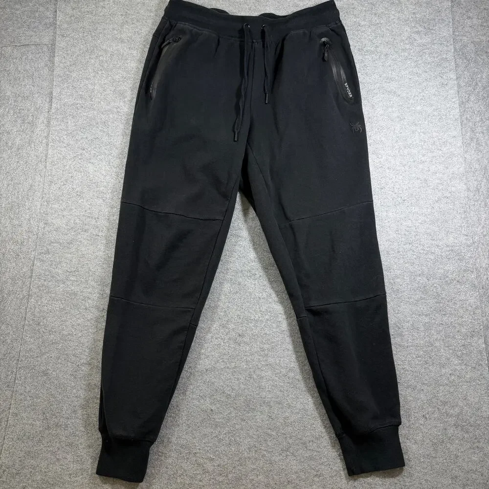 Spyder Active Joggers Mens L Black Drawstring Zip Pockets Ribbed Cuffs Taper